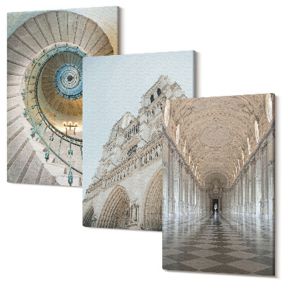 Zestaw obrazów na płótnie tryptyk Schody spiralne katedry widok na fasadę budynku korytarz z kafelkami