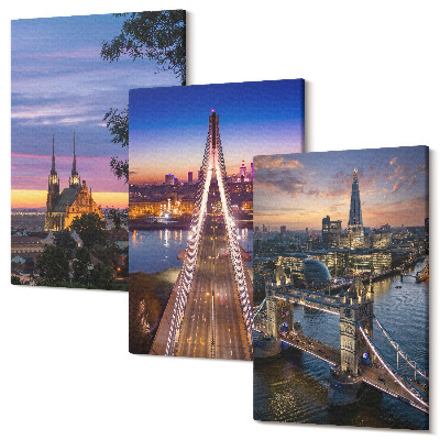 Zestaw obrazów tryptyk na ścianę Widoki miast z mostami i zachodami słońca