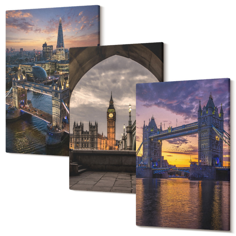 Zestaw obrazów 3 części tryptyk Widoki miasta z mostami i wieżami zegarowymi