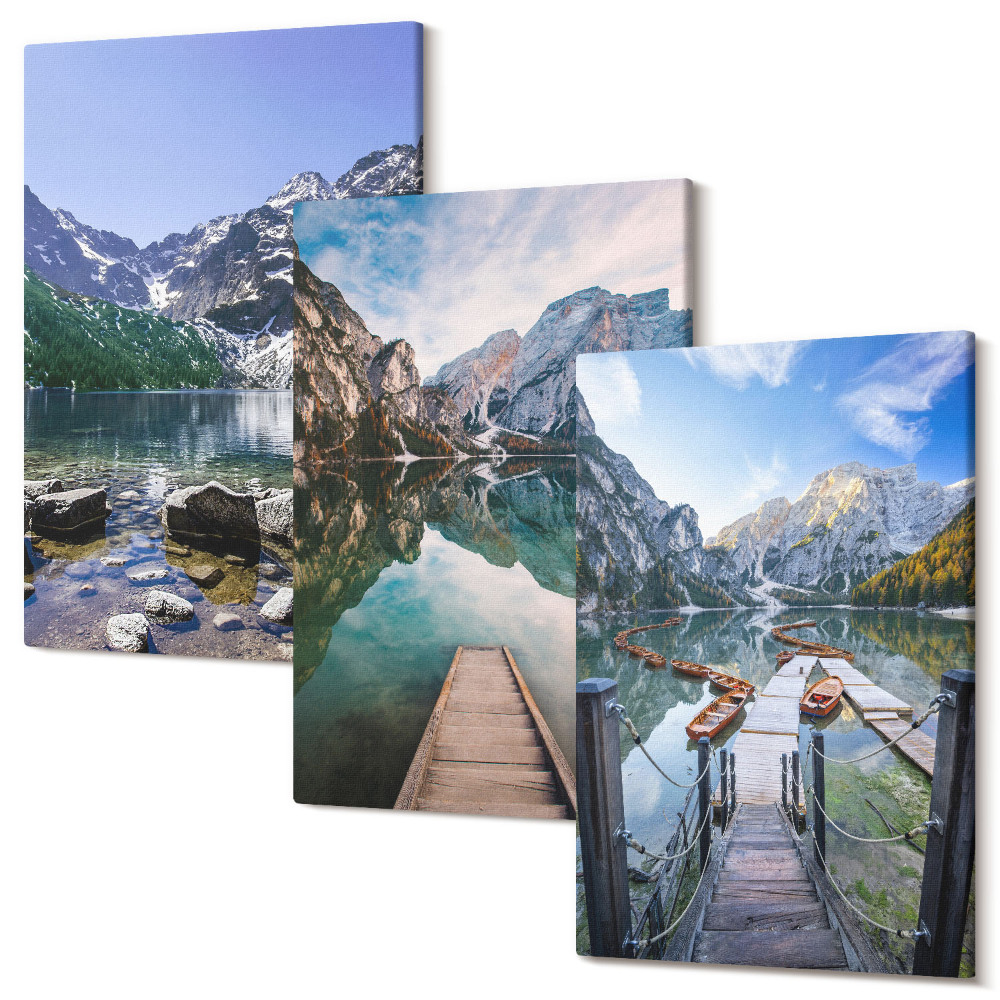 Zestaw obrazów 3 części tryptyk Góry jeziora i drewniane pomosty nad wodą