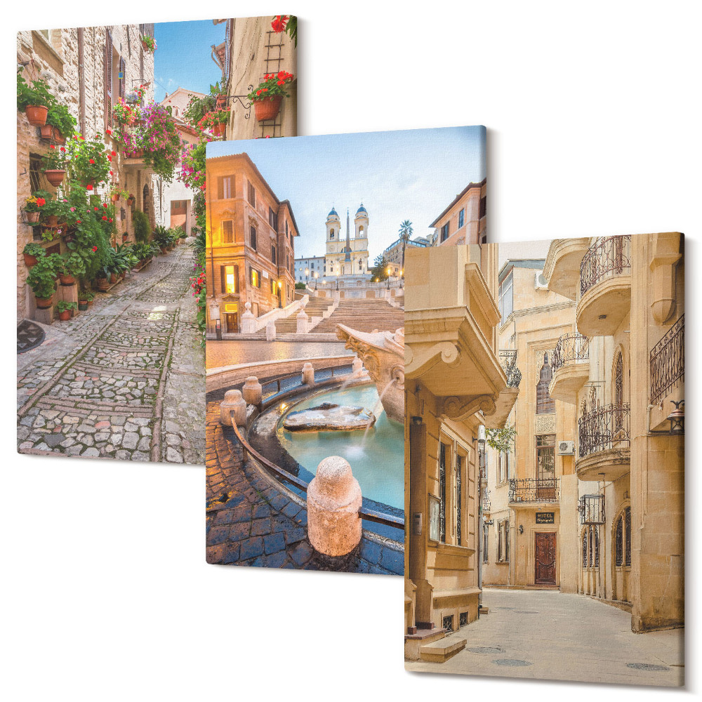 Zestaw obrazów tryptyk na ścianę Urokliwe uliczki i fontanny w malowniczej architekturze