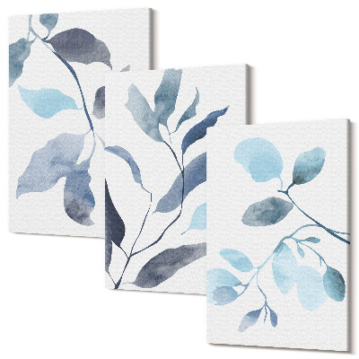Zestaw obrazów 3 części tryptyk Niebieskie liście na jasnym tle styl akwarelowy