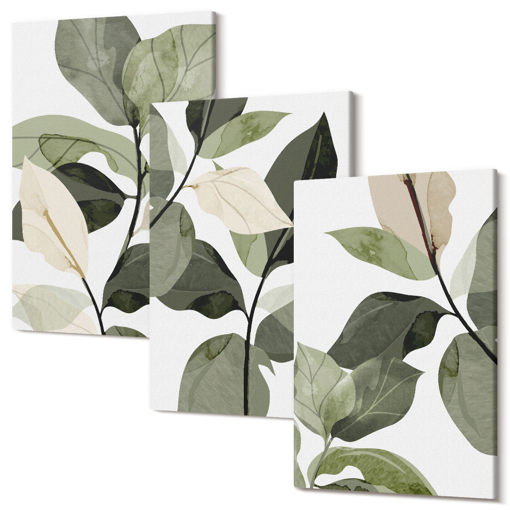 Zestaw obrazów 3 części tryptyk Malowane delikatne liście roślin boho