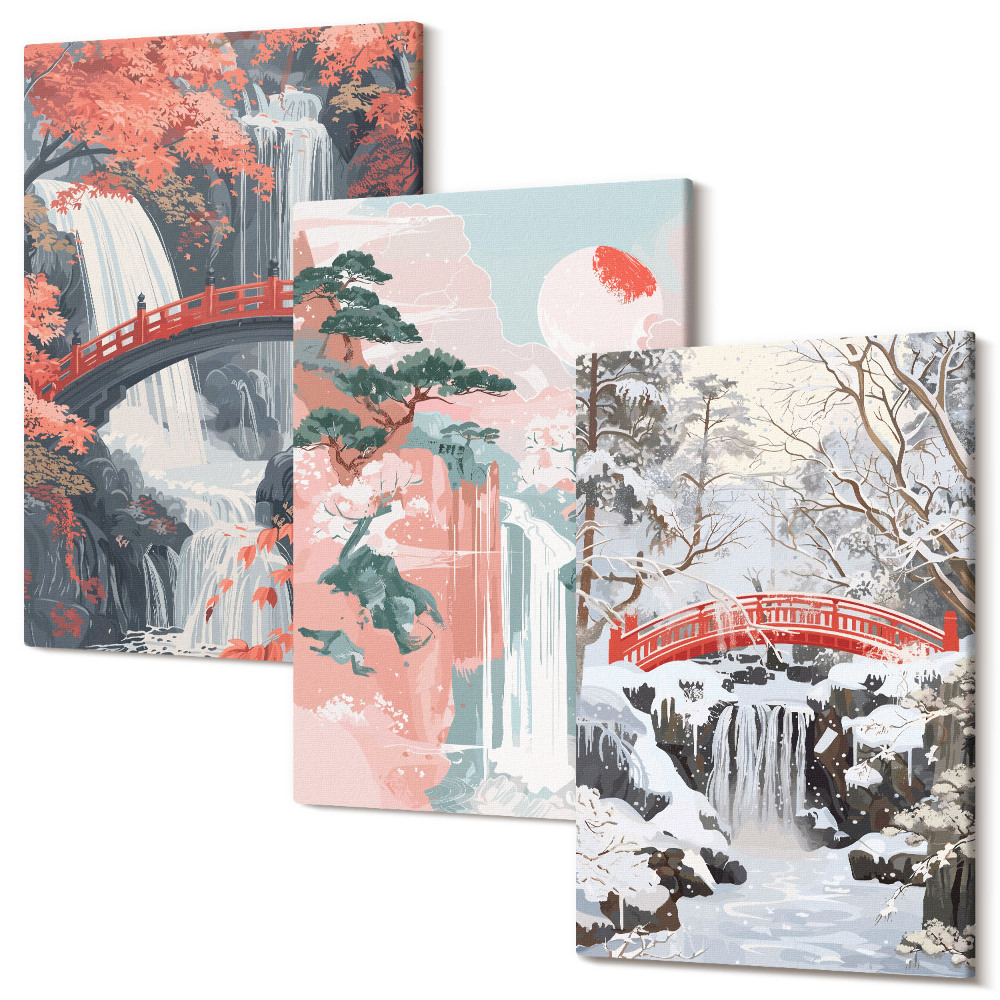 Zestaw obrazów 3 części tryptyk Wodospady w różnych porach roku z mostkami i drzewami