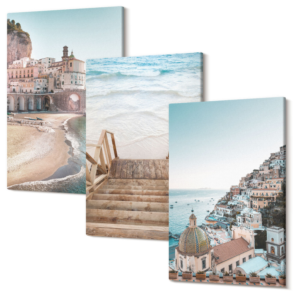 Zestaw obrazów na płótnie tryptyk Letnie pastelowe widoki z nadmorską architekturą i plażą
