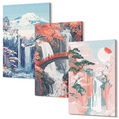 Zestaw obrazów 3 części tryptyk Wodospady góry z mostem i kwitnącymi drzewami