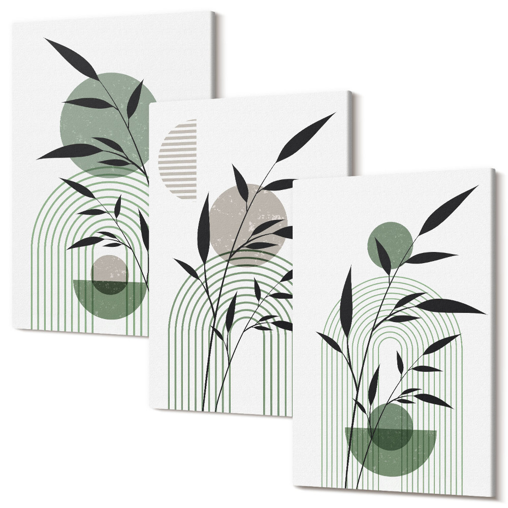 Zestaw obrazów 3 części tryptyk Roślinne kompozycje abstrakcyjne styl boho