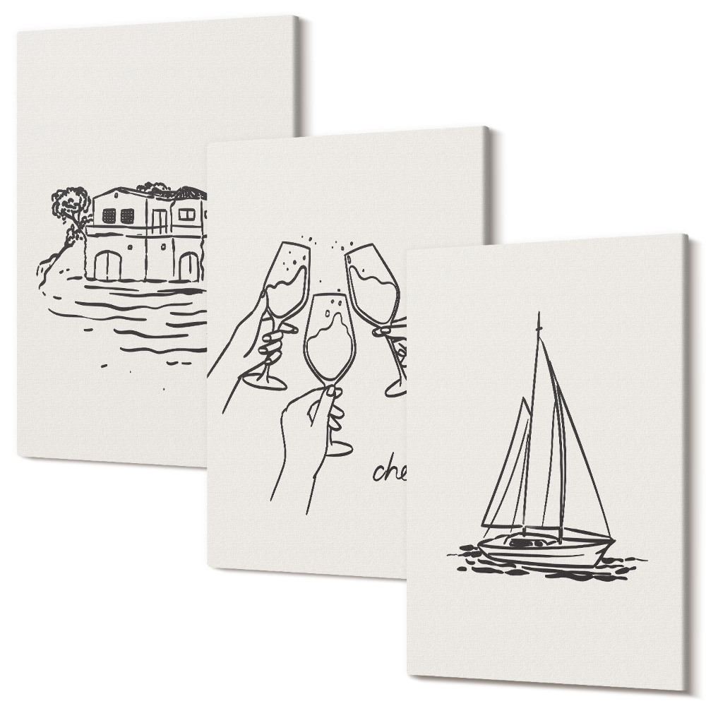 Zestaw obrazów tryptyk na ścianę Widoki na dom nad wodą toast z kieliszkami żaglówka