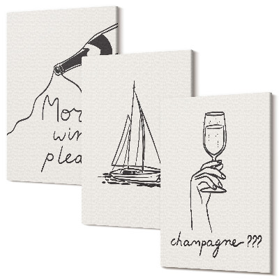 Zestaw obrazów 3 części tryptyk Wino żaglówka kieliszek szampana styl linearny