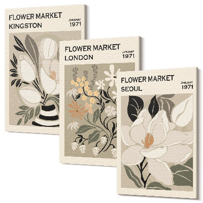 Zestaw obrazów tryptyk na ścianę Kwiaty w stylu retro z różnych miast świata