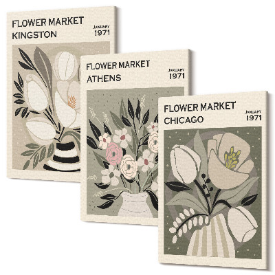Zestaw obrazów 3 części tryptyk Kwiatowe kompozycje z różnych miast w stylu retro