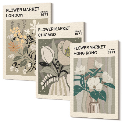 Zestaw obrazów na płótnie tryptyk Kwiatowe targi w Londynie Chicago i Hongkongu