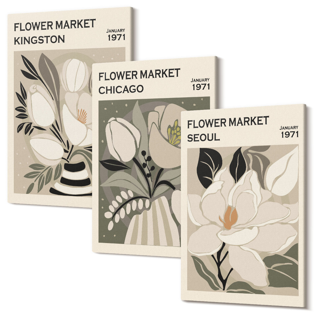 Zestaw obrazów tryptyk na ścianę Kwiaty z rynków Kingston Chicago i Seulu w stylu retro