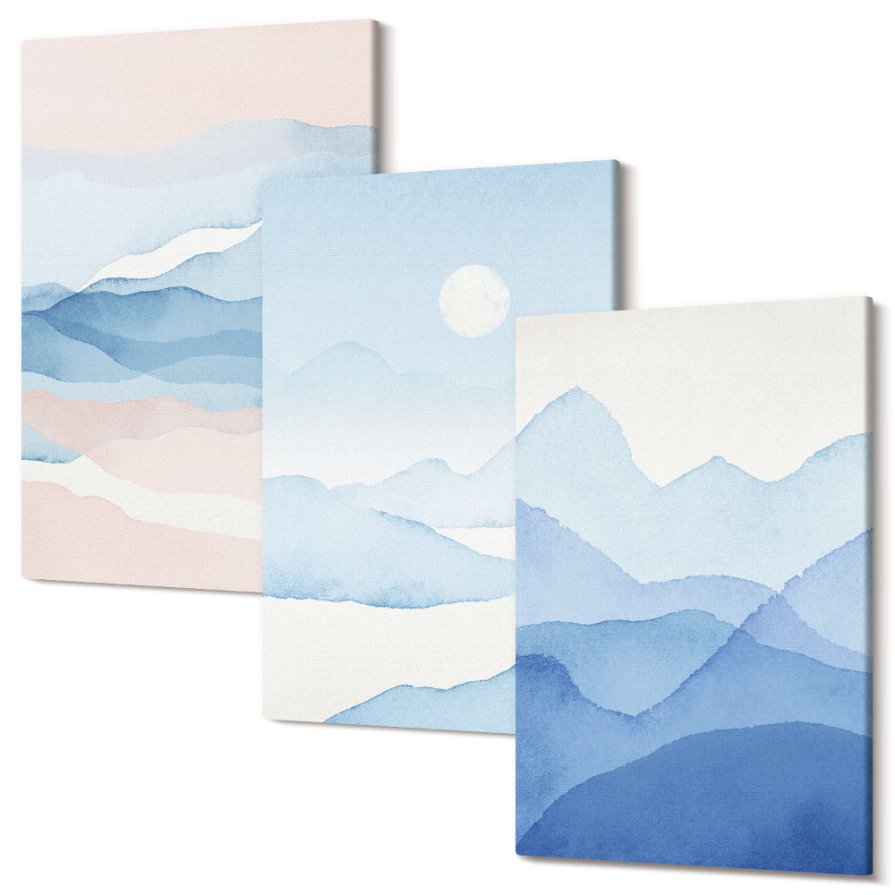 Zestaw obrazów na płótnie tryptyk Niebieskie i różowe pejzaże górskie w akwareli