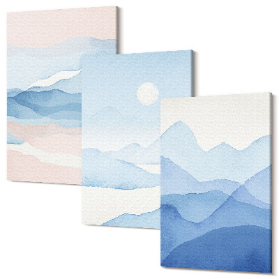 Zestaw obrazów na płótnie tryptyk Niebieskie i różowe pejzaże górskie w akwareli