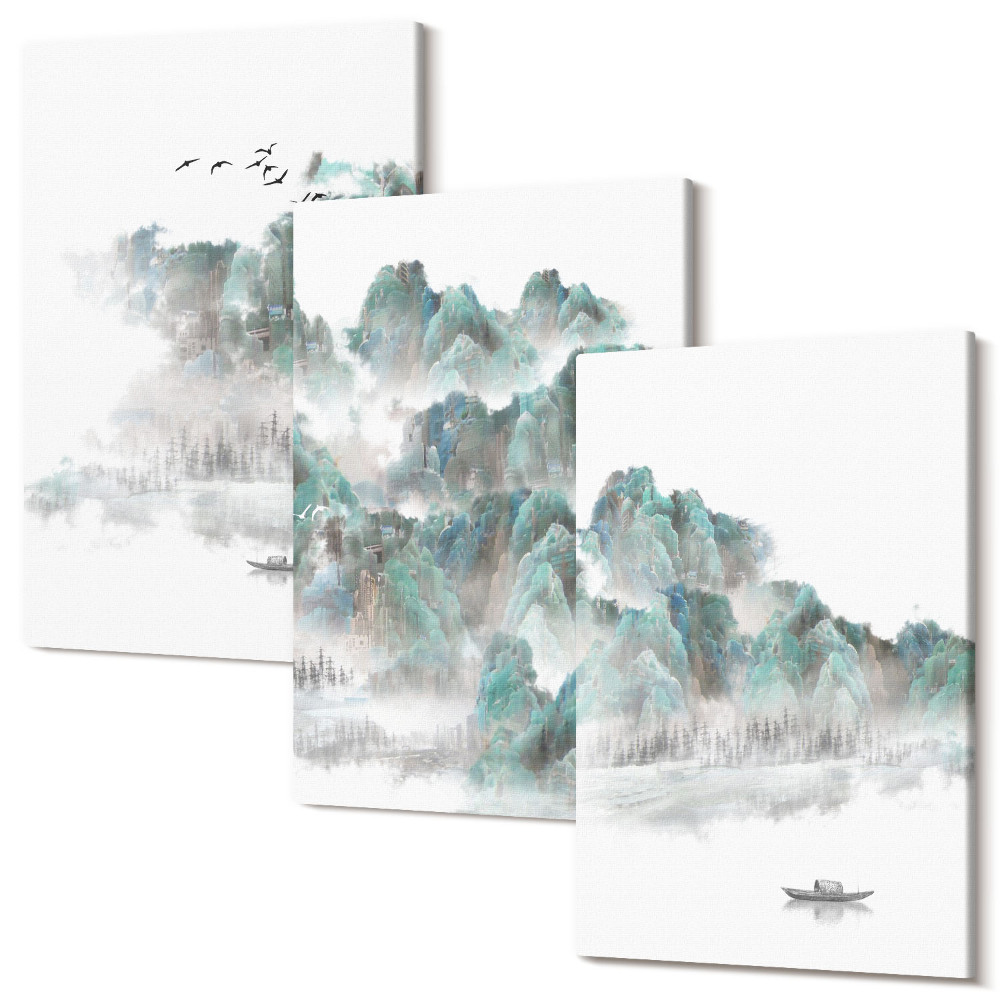 Zestaw obrazów 3 części tryptyk Góry w chmurach z ptakami i łodzią na wodzie japandi
