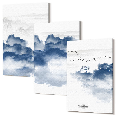 Zestaw obrazów na płótnie tryptyk Góry chmur z drzewami i ptakami w tle