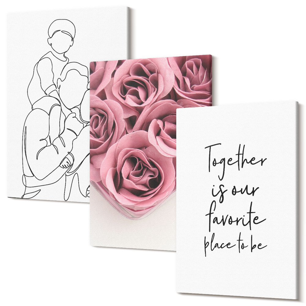 Zestaw obrazów 3 części tryptyk Rodzina lineart bukiety róż napis do domu