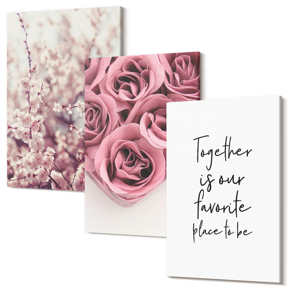 Zestaw obrazów na płótnie tryptyk Kwiaty i bukiety róż z domowym napisem