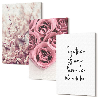 Zestaw obrazów na płótnie tryptyk Kwiaty i bukiety róż z domowym napisem