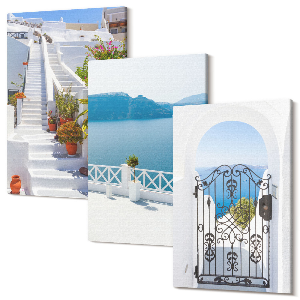 Zestaw obrazów 3 części tryptyk Białe schody z roślinami widok na morze i brama