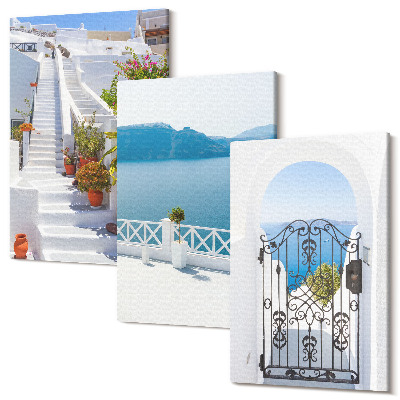 Zestaw obrazów 3 części tryptyk Białe schody z roślinami widok na morze i brama