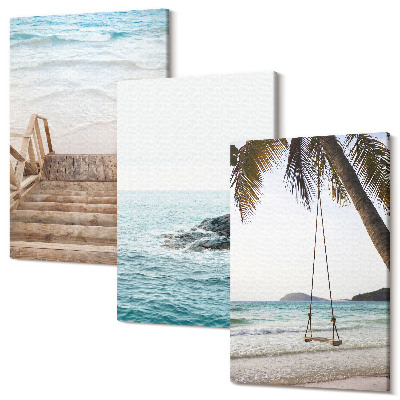 Zestaw obrazów na płótnie tryptyk Schody na plażę widok na morze i huśtawka na palmie