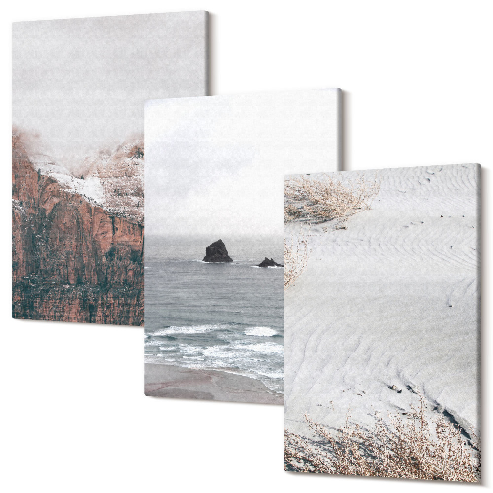Zestaw obrazów 3 części tryptyk Góry chmury morze i piasek w naturalnych odcieniach