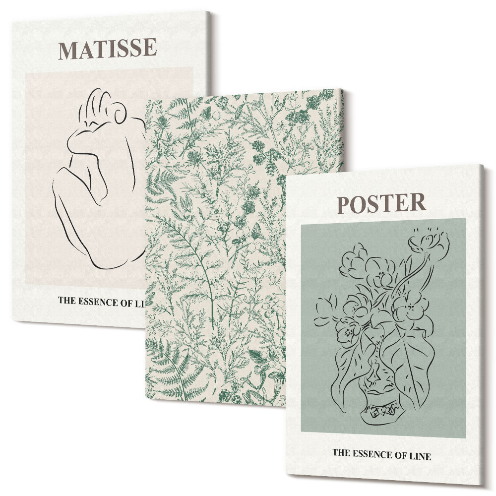 Zestaw obrazów 3 części tryptyk Linie i roślinne wzory w minimalistycznym stylu