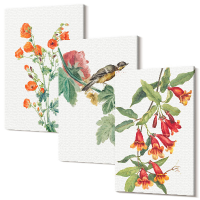 Zestaw obrazów 3 części tryptyk Malowane kwiaty retro i ptak na gałęzi
