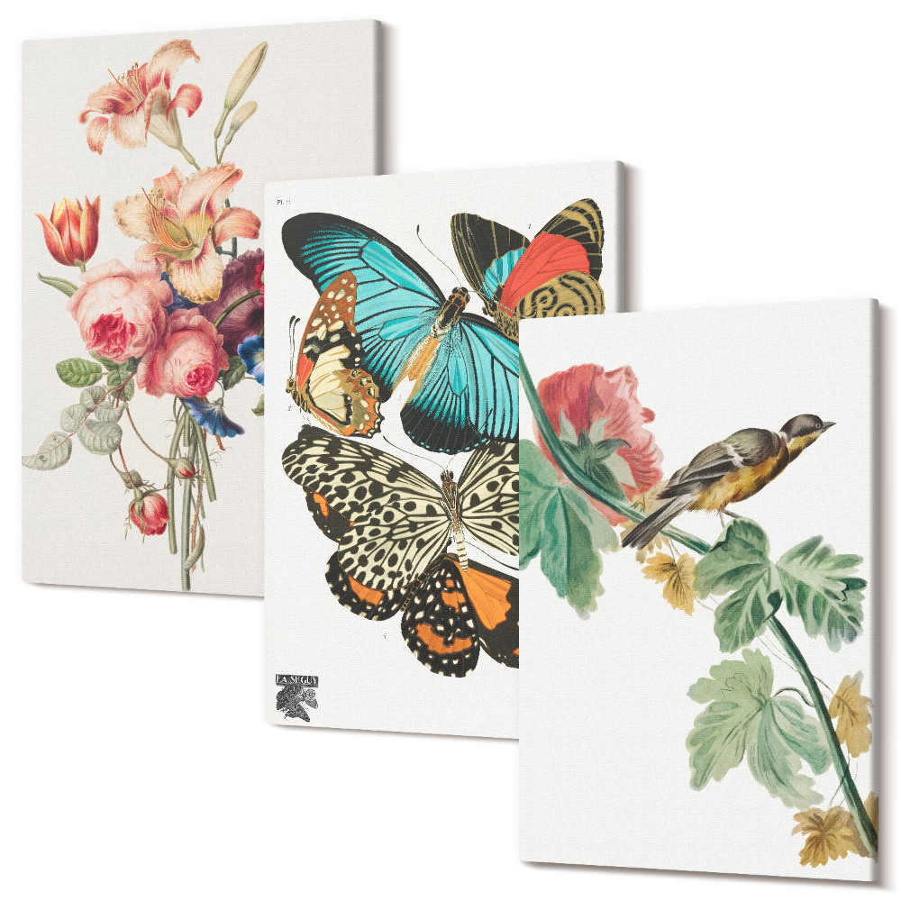 Zestaw obrazów 3 części tryptyk Kwiaty motyle i ptak w pastelowych odcieniach