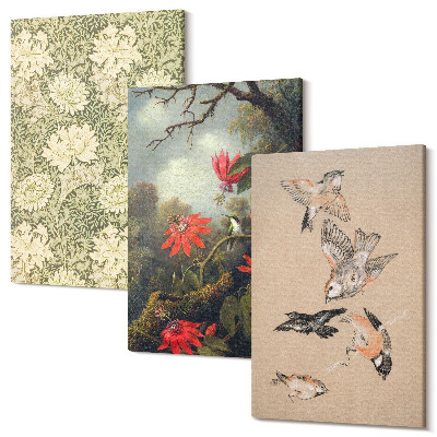 Zestaw obrazów na płótnie tryptyk Kwiaty i ptaki w naturalnym otoczeniu przyrody