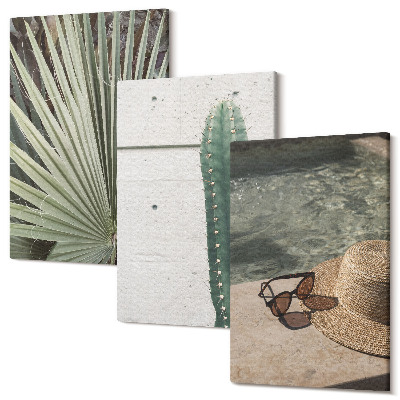 Zestaw obrazów tryptyk na ścianę Rośliny tropikalne i wakacyjne akcesoria nad wodą