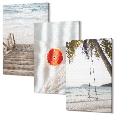 Zestaw obrazów 3 części tryptyk Plaża z drewnianymi schodami wakacyjny klimat