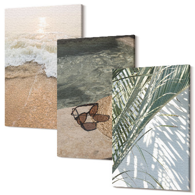 Zestaw obrazów tryptyk na ścianę Woda plaża kapelusz i okulary słoneczne liście