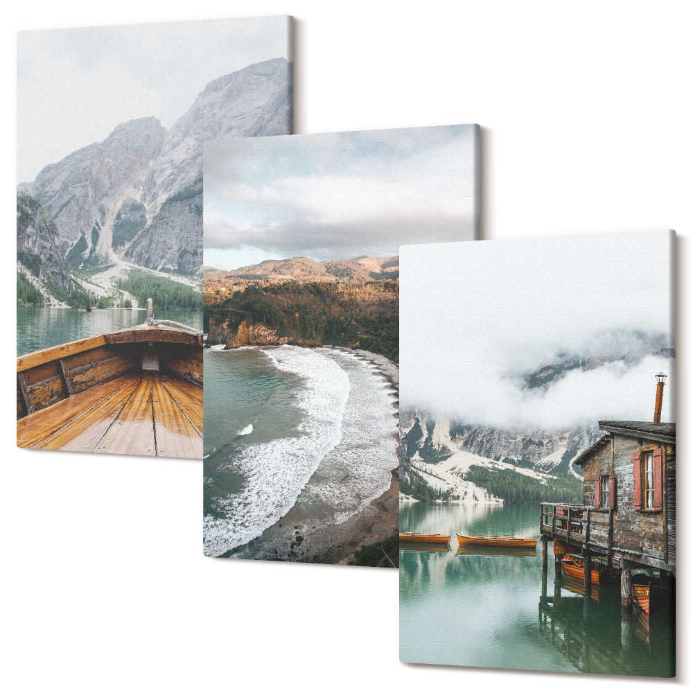 Zestaw obrazów 3 części tryptyk Widok gór nad jeziorem z łodzią i plażą pejzaże