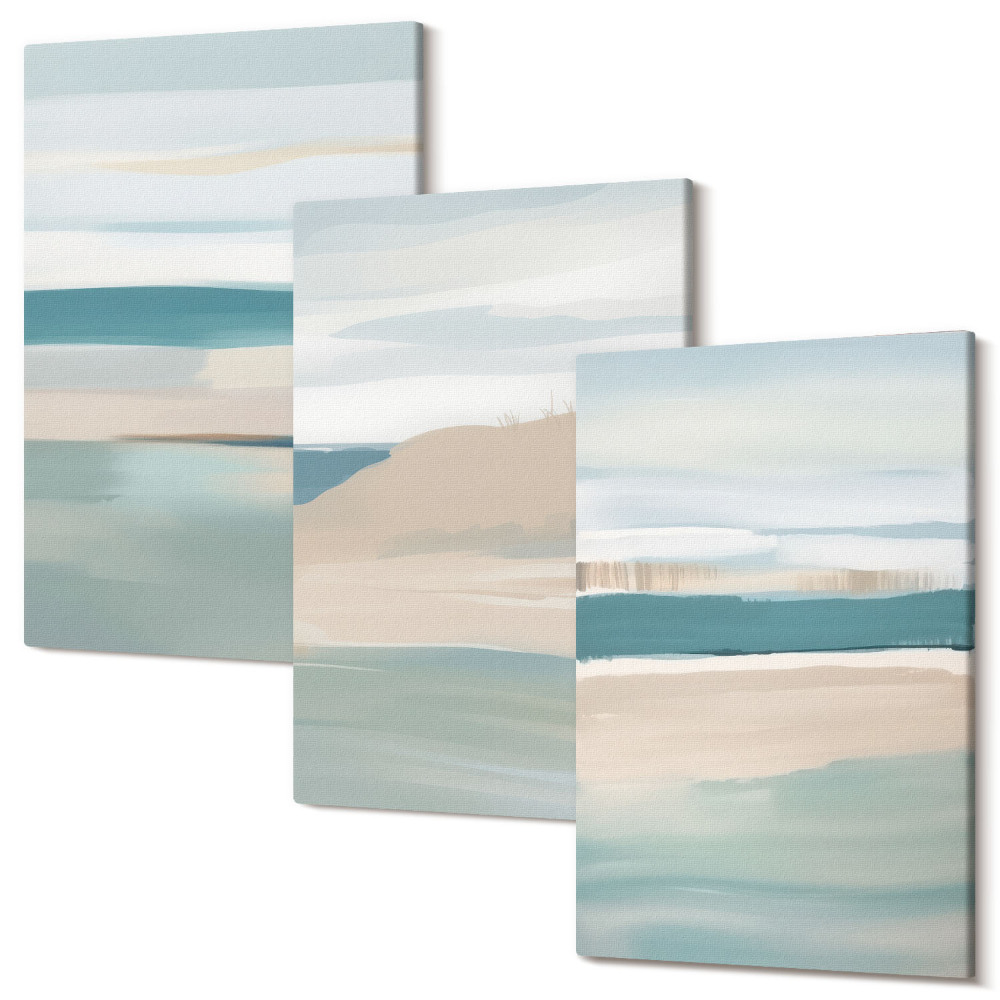 Zestaw obrazów 3 części tryptyk Abstrakcyjne pejzaże w odcieniach niebieskiego i beżu