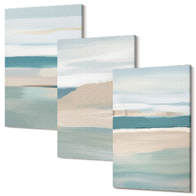 Zestaw obrazów 3 części tryptyk Abstrakcyjne pejzaże w odcieniach niebieskiego i beżu