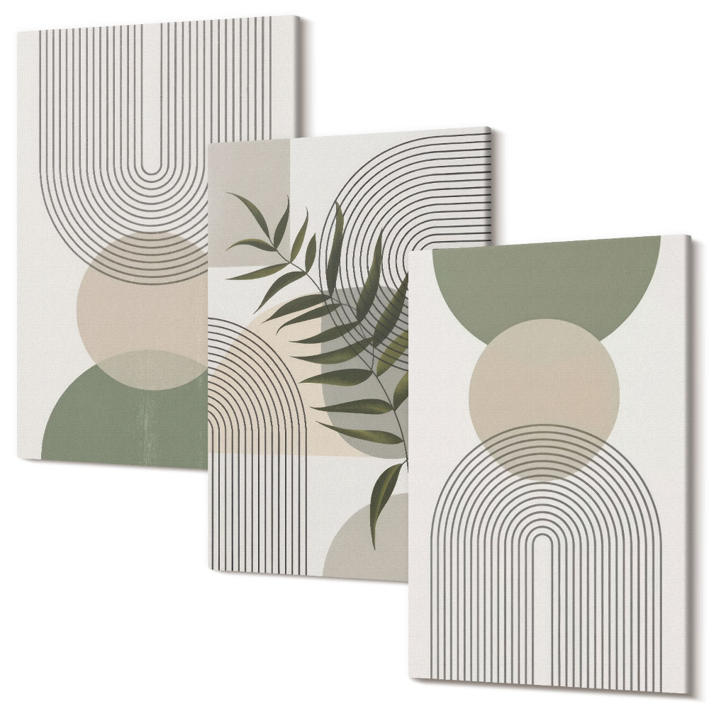 Zestaw obrazów 3 części tryptyk Abstrakcyjne kształty w odcieniach zieleni i beżu