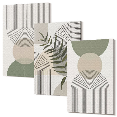 Zestaw obrazów 3 części tryptyk Abstrakcyjne kształty w odcieniach zieleni i beżu