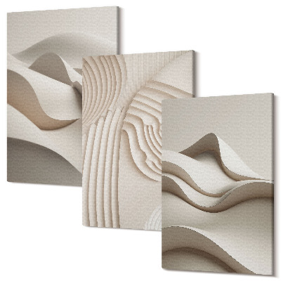 Zestaw obrazów 3 części tryptyk Abstrakcyjne fale i struktury w odcieniach beżu