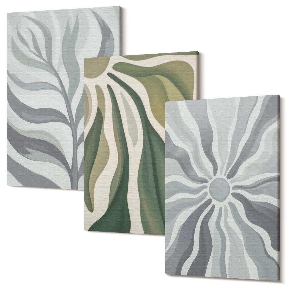 Zestaw obrazów na płótnie tryptyk Roślinne wzory w odcieniach zieleni i szarości