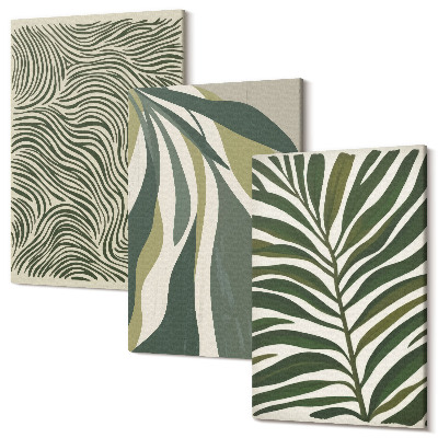 Zestaw obrazów tryptyk na ścianę Wzory liści i faliste linie w odcieniach zieleni