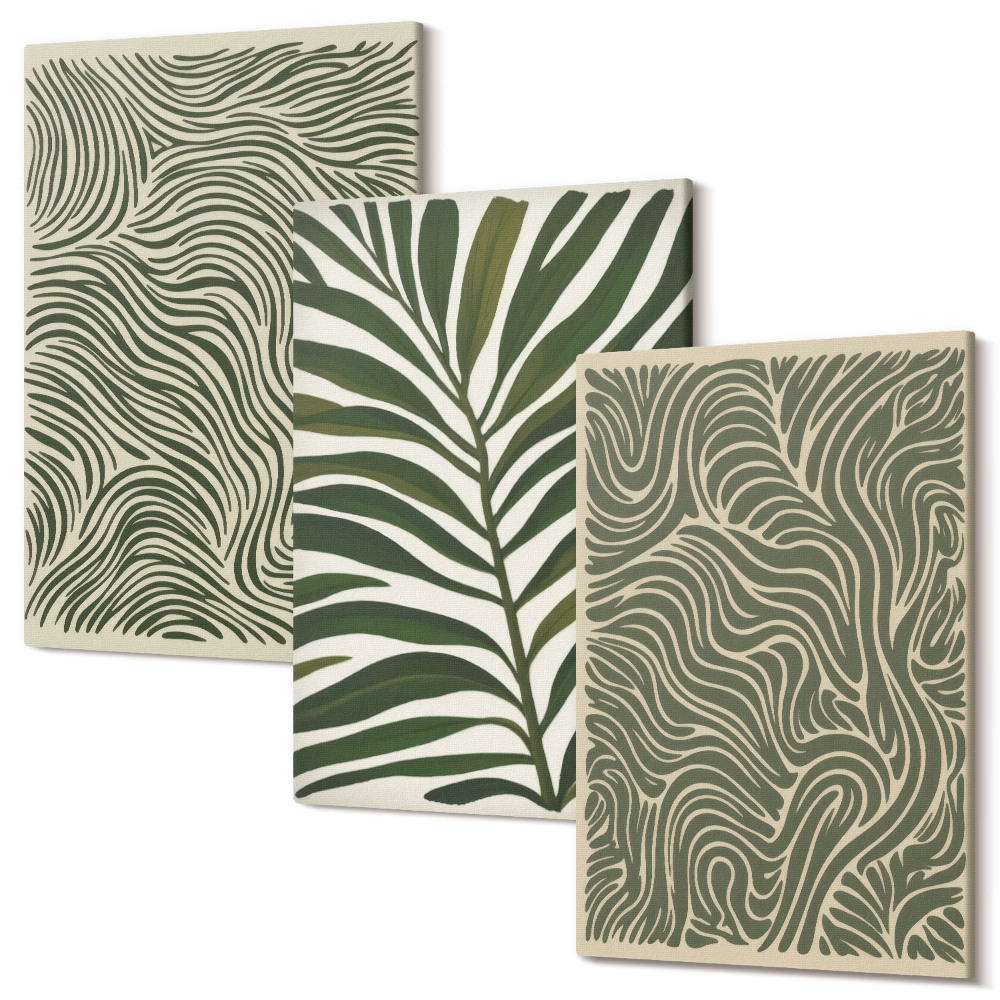 Zestaw obrazów na płótnie tryptyk Wzory abstrakcyjne z liśćmi i falistymi kształtami