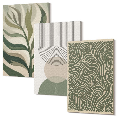 Zestaw obrazów tryptyk na ścianę Liście i geometryczne kształty abstrakcja