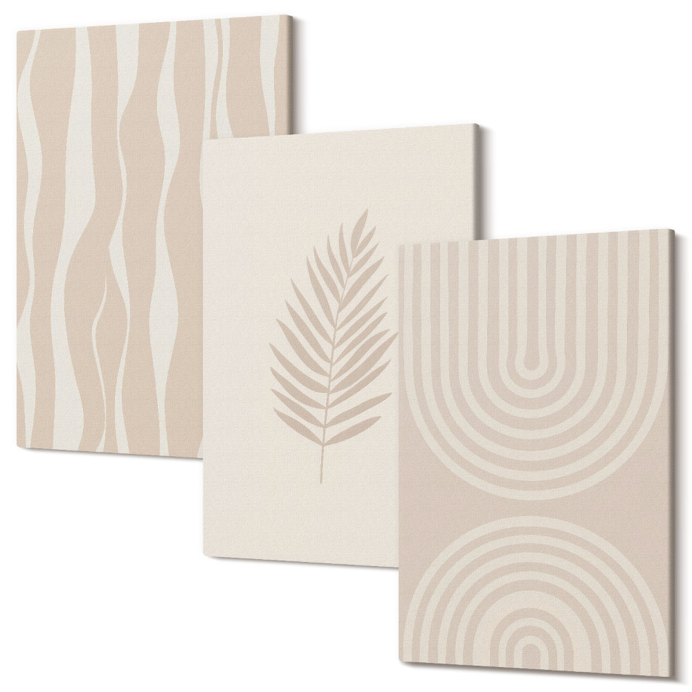 Zestaw obrazów 3 części tryptyk Wzory w odcieniach beżu z roślinnymi motywami