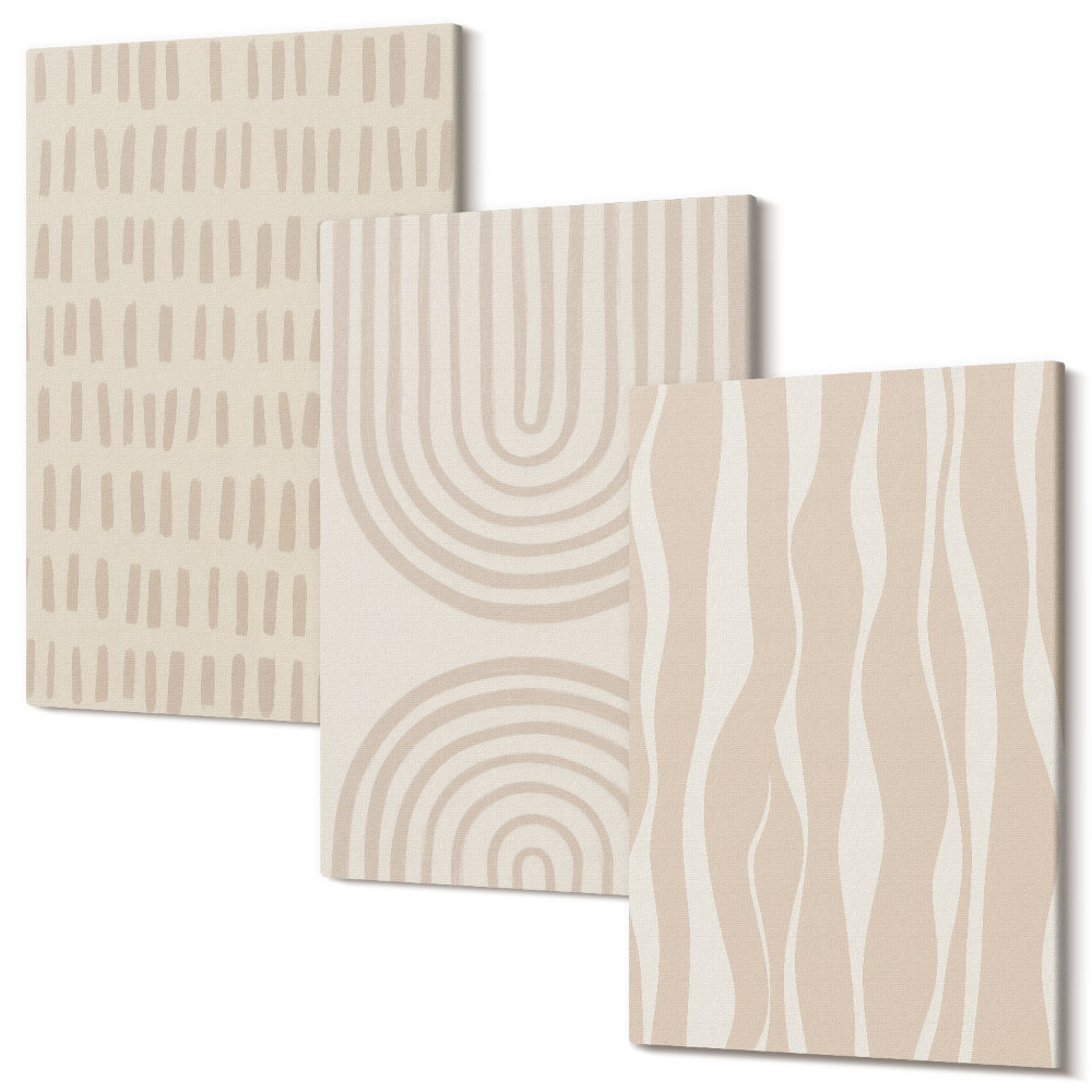 Zestaw obrazów 3 części tryptyk Abstrakcyjne wzory w odcieniach beżu i bieli