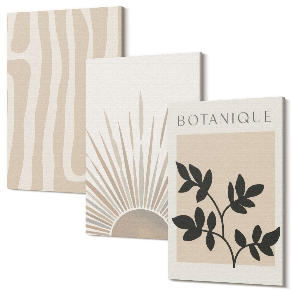 Zestaw obrazów na płótnie tryptyk Abstrakcyjne wzory z roślinnymi akcentami w neutralnych tonach