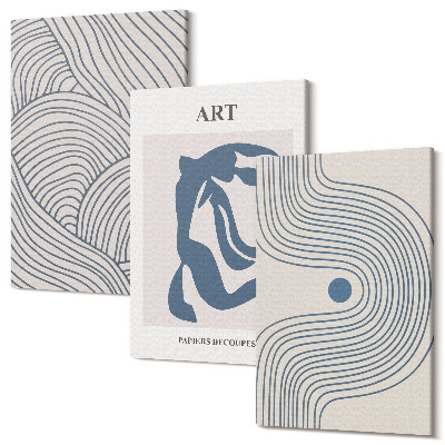 Zestaw obrazów 3 części tryptyk Abstrakcyjne wzory linii i kształtów w odcieniach niebieskiego