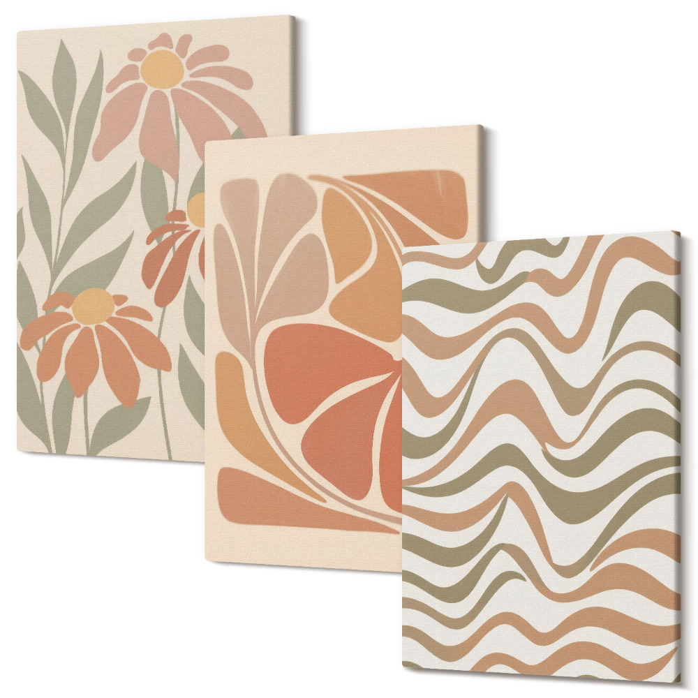 Zestaw obrazów 3 części tryptyk Kwiaty w pastelowych odcieniach i abstrakcyjne wzory